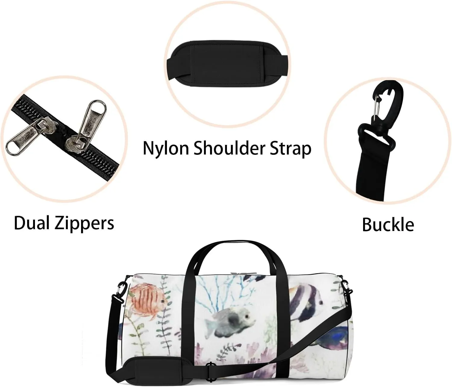 Sports Gym Bag for Women and Men Waterproof Cartoon Fishes Floral Watercolor Duffel Bag Lightweight Carryon Traveling Boarding Gripsack