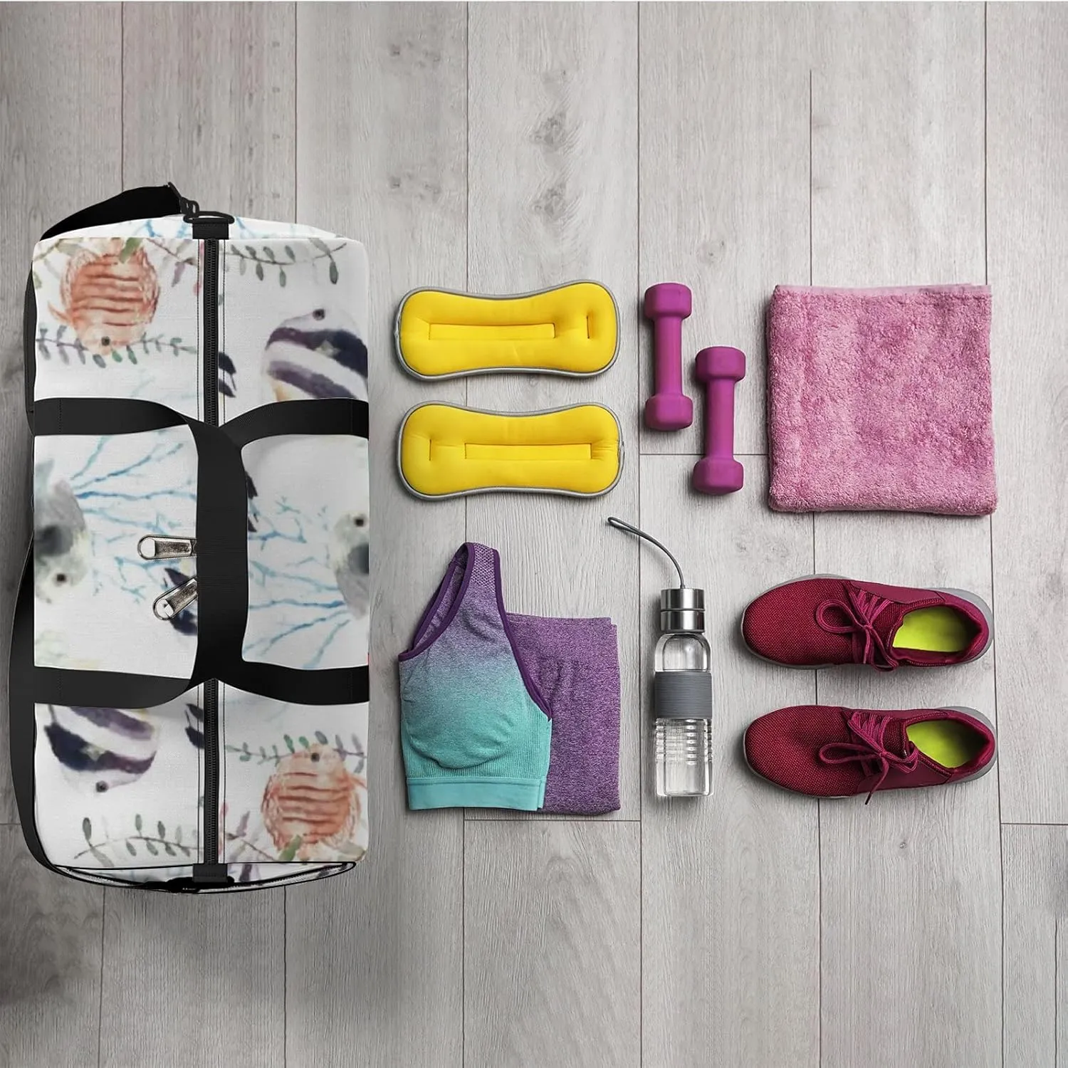 Sports Gym Bag for Women and Men Waterproof Cartoon Fishes Floral Watercolor Duffel Bag Lightweight Carryon Traveling Boarding Gripsack