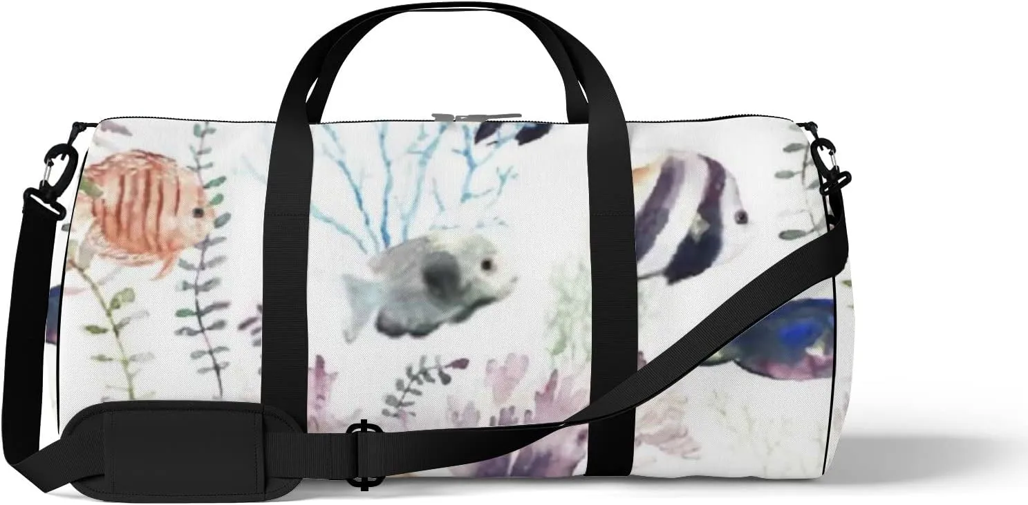 Sports Gym Bag for Women and Men Waterproof Cartoon Fishes Floral Watercolor Duffel Bag Lightweight Carryon Traveling Boarding Gripsack