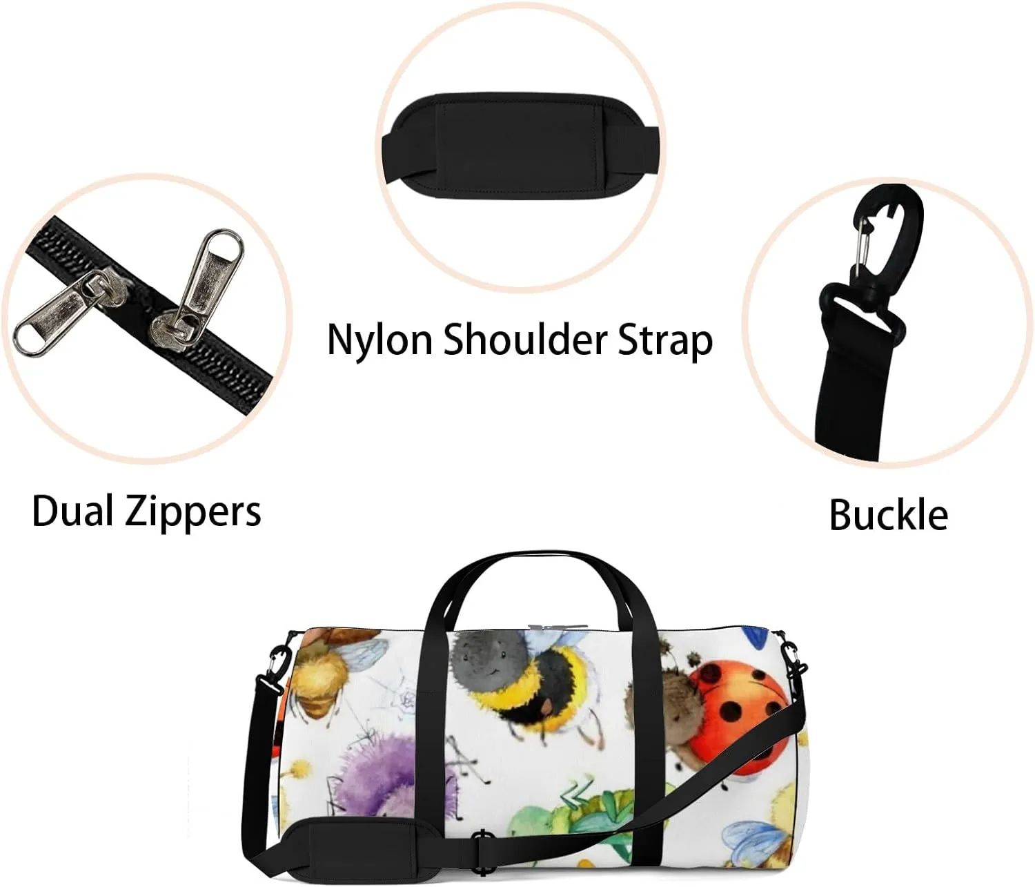 Sports Gym Bag for Women and Men Waterproof Cartoon Insects Watercolor Beetle Duffel Bag Lightweight Carryon Traveling Boarding Gripsack