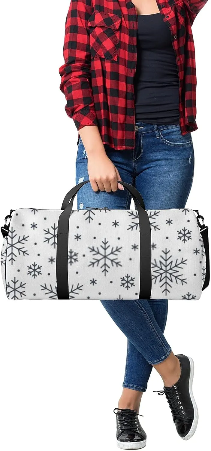 Sports Gym Bag for Women and Men Waterproof Christmas Snowflakes Winter Black White Duffel Bag Lightweight Carryon Traveling Boarding Gripsack