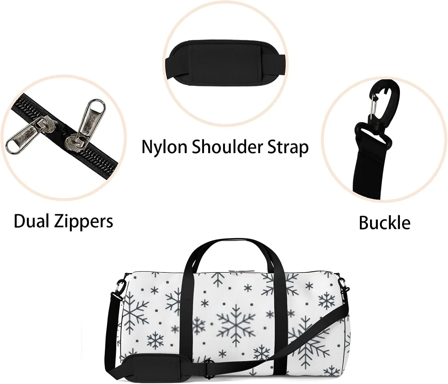 Sports Gym Bag for Women and Men Waterproof Christmas Snowflakes Winter Black White Duffel Bag Lightweight Carryon Traveling Boarding Gripsack