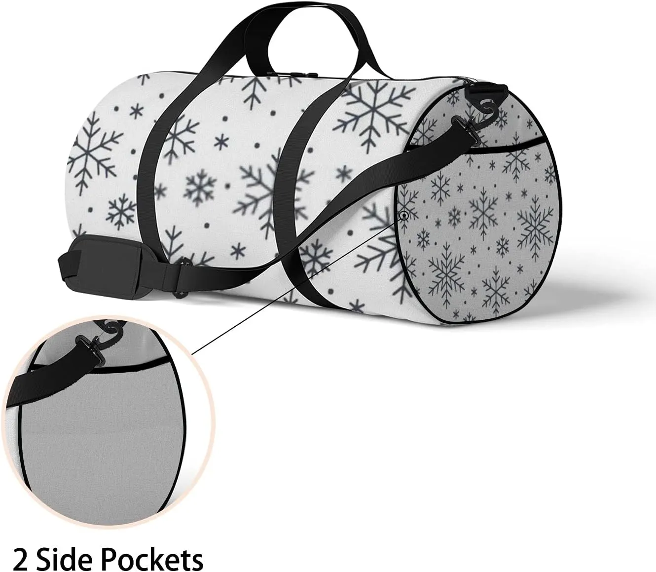 Sports Gym Bag for Women and Men Waterproof Christmas Snowflakes Winter Black White Duffel Bag Lightweight Carryon Traveling Boarding Gripsack