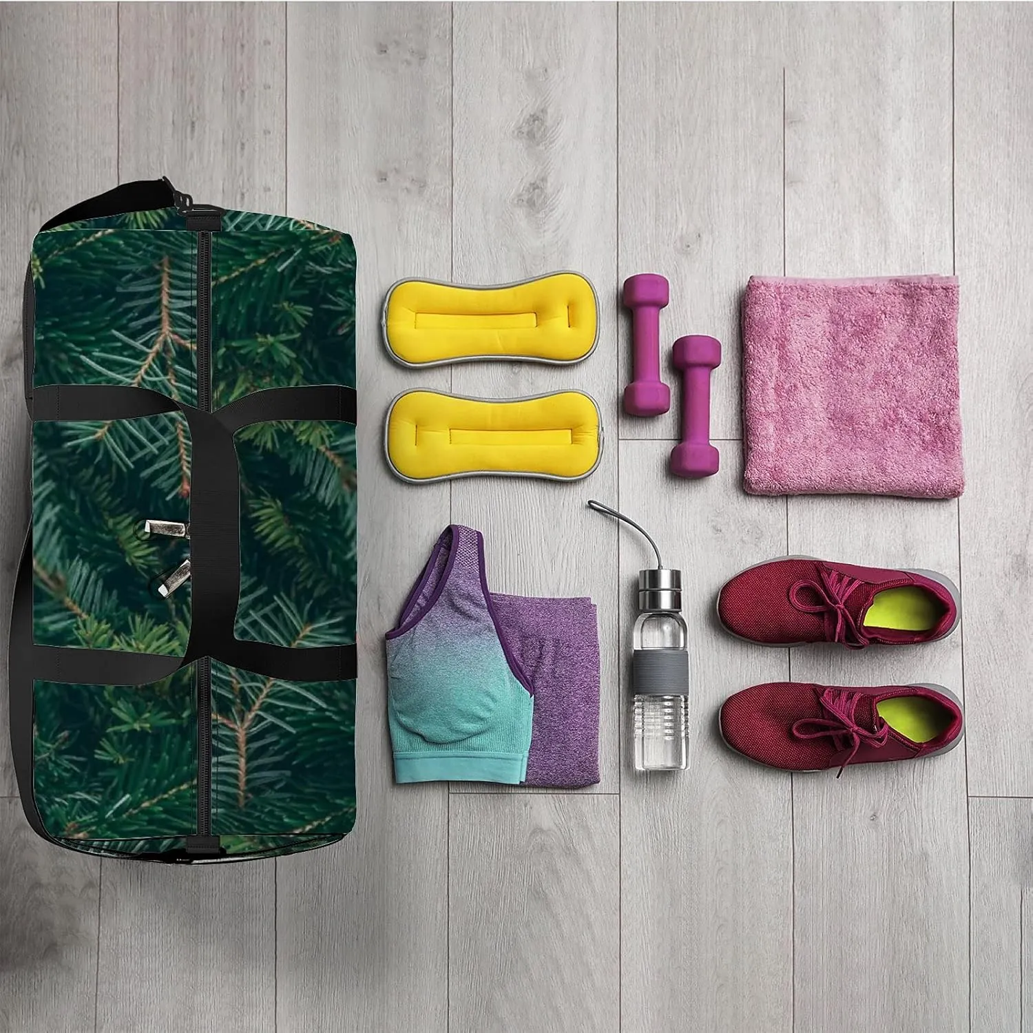 Sports Gym Bag for Women and Men Waterproof Christmas Tree Branches Green Duffel Bag Lightweight Carryon Traveling Boarding Gripsack