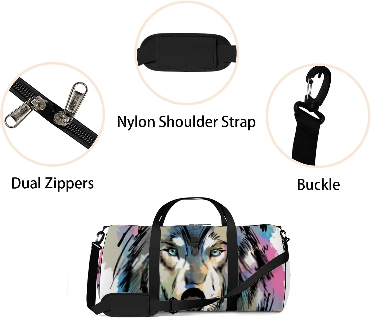 Sports Gym Bag for Women and Men Waterproof Colorful Painted Wolf Watercolor Sketch Black Duffel Bag Lightweight Carryon Traveling Boarding Gripsack