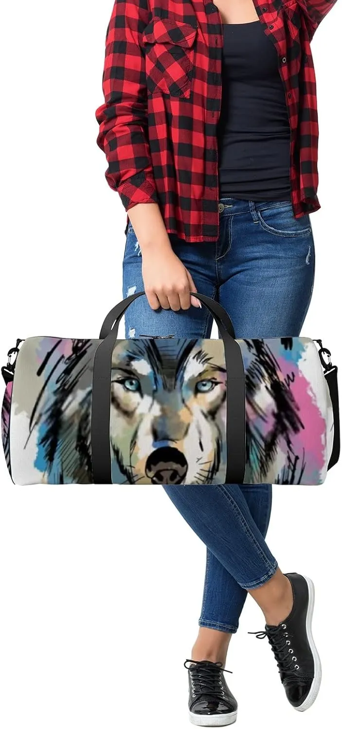Sports Gym Bag for Women and Men Waterproof Colorful Painted Wolf Watercolor Sketch Black Duffel Bag Lightweight Carryon Traveling Boarding Gripsack