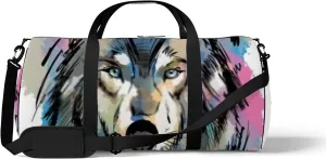 Sports Gym Bag for Women and Men Waterproof Colorful Painted Wolf Watercolor Sketch Black Duffel Bag Lightweight Carryon Traveling Boarding Gripsack