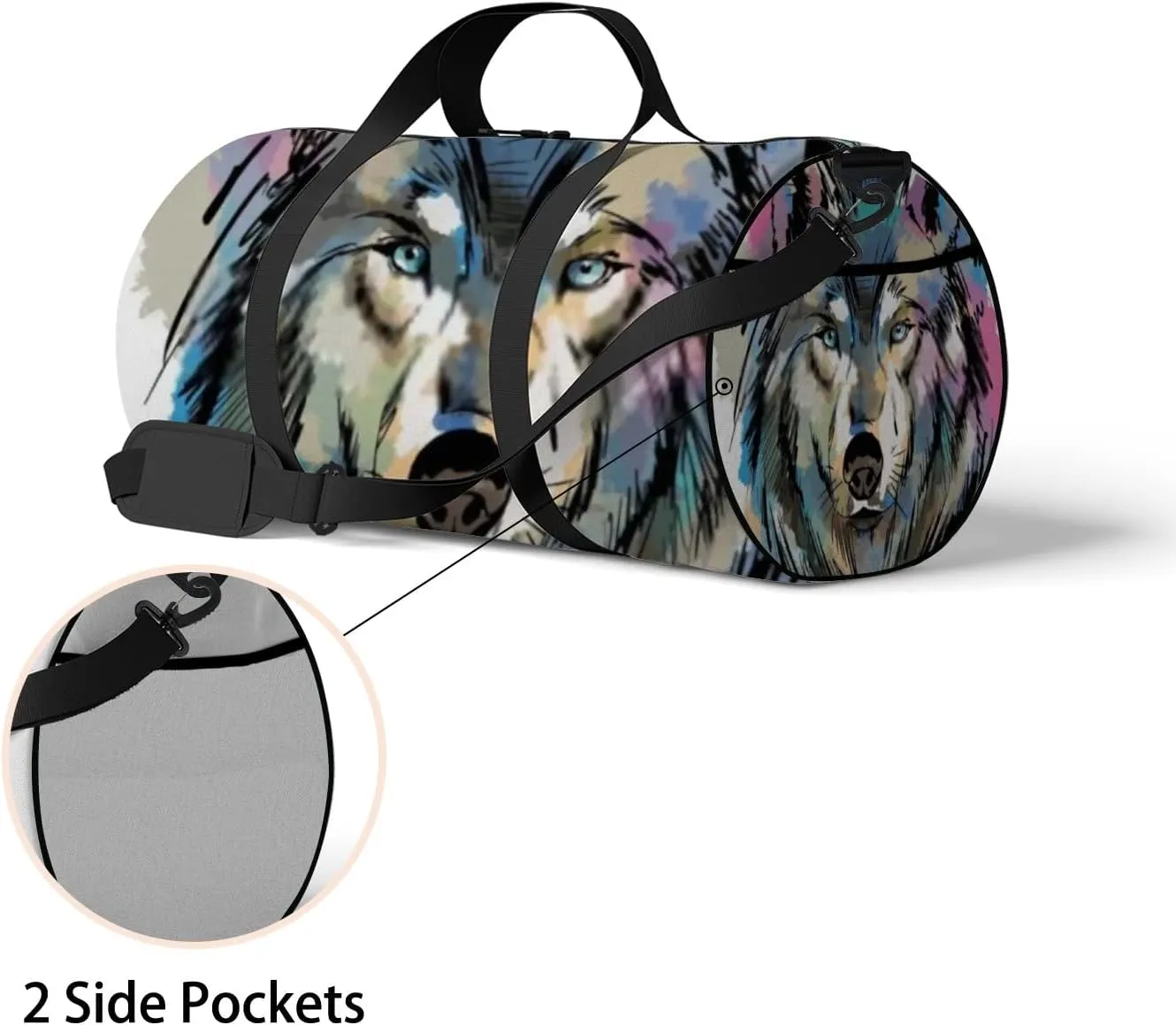Sports Gym Bag for Women and Men Waterproof Colorful Painted Wolf Watercolor Sketch Black Duffel Bag Lightweight Carryon Traveling Boarding Gripsack