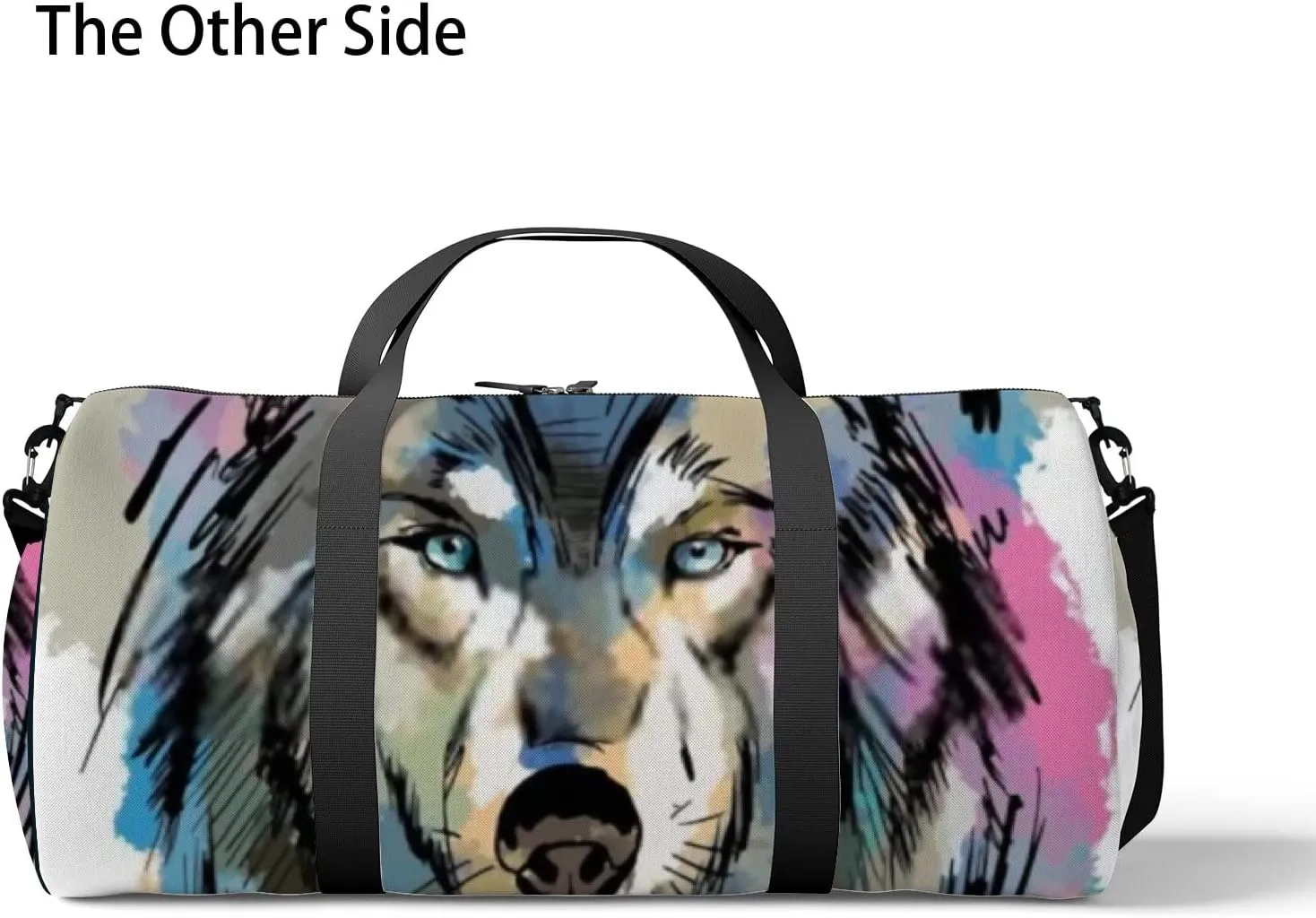 Sports Gym Bag for Women and Men Waterproof Colorful Painted Wolf Watercolor Sketch Black Duffel Bag Lightweight Carryon Traveling Boarding Gripsack