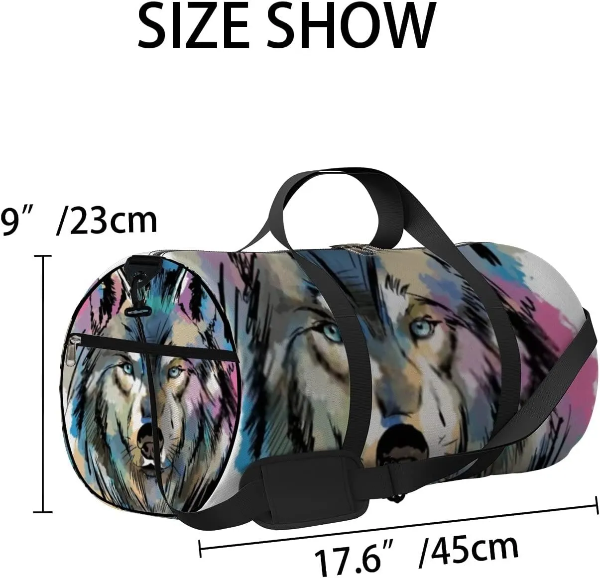 Sports Gym Bag for Women and Men Waterproof Colorful Painted Wolf Watercolor Sketch Black Duffel Bag Lightweight Carryon Traveling Boarding Gripsack