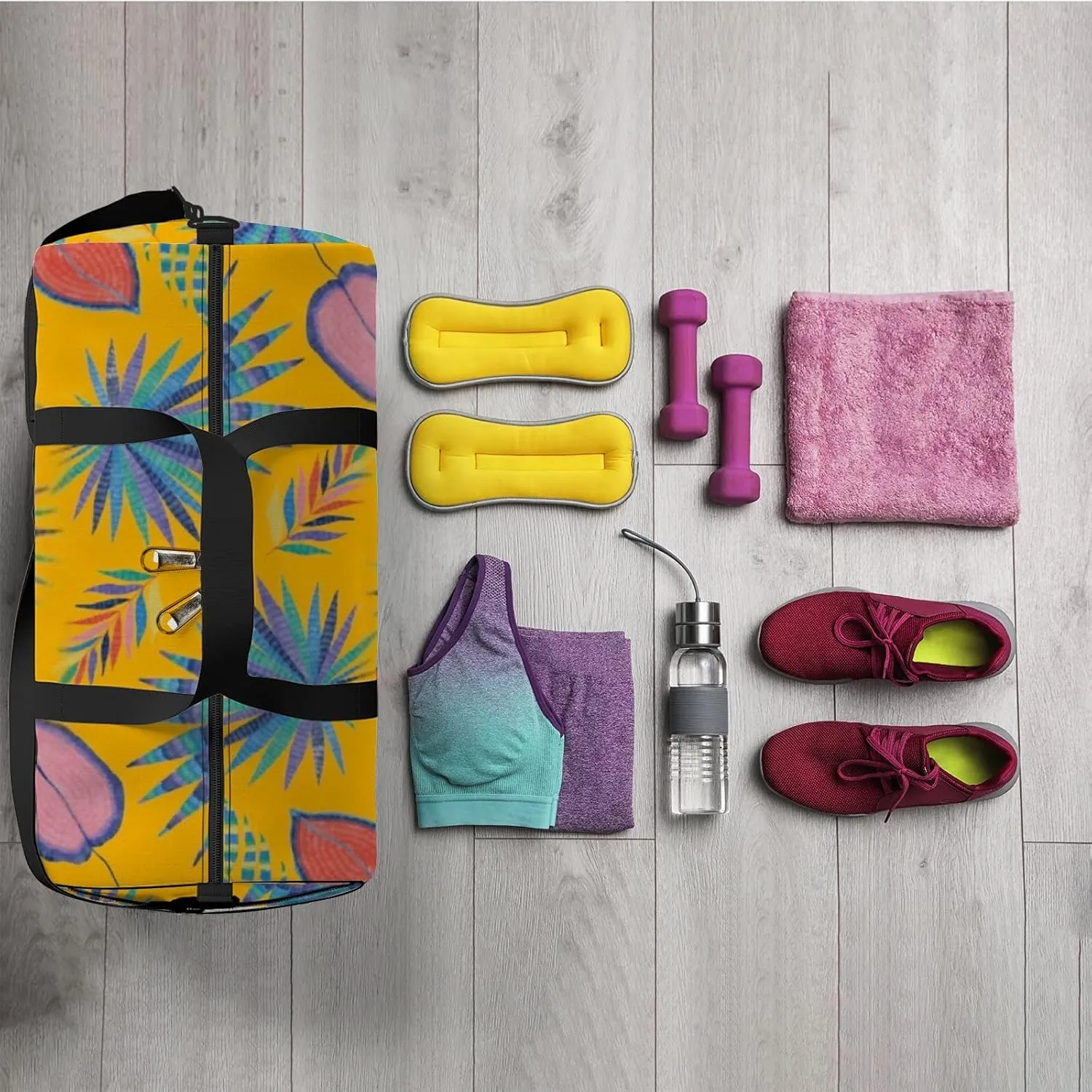 Sports Gym Bag for Women and Men Waterproof Colorful Tropical Leaves Retro Bright Summer Duffel Bag Lightweight Carryon Traveling Boarding Gripsack