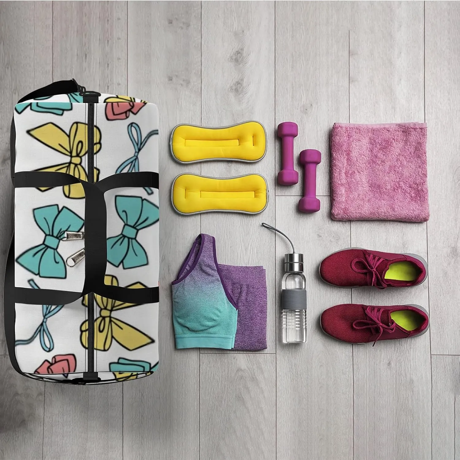 Sports Gym Bag for Women and Men Waterproof Colourful Bow Silhouette Duffel Bag Lightweight Carryon Traveling Boarding Gripsack