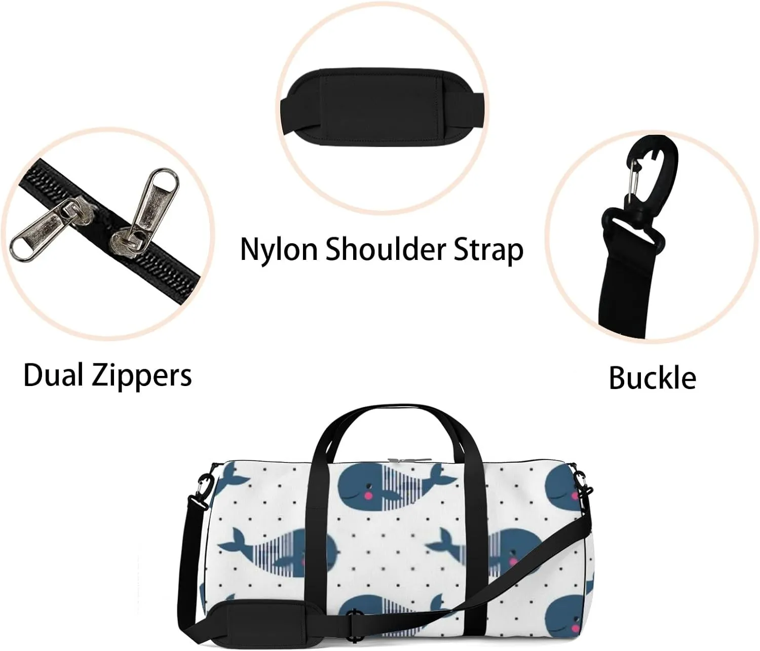 Sports Gym Bag for Women and Men Waterproof Cute Cartoon Whales Polka Dots Duffel Bag Lightweight Carryon Traveling Boarding Gripsack