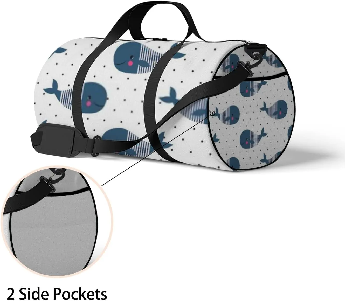 Sports Gym Bag for Women and Men Waterproof Cute Cartoon Whales Polka Dots Duffel Bag Lightweight Carryon Traveling Boarding Gripsack