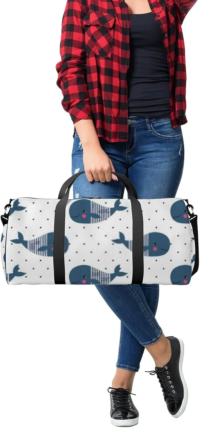 Sports Gym Bag for Women and Men Waterproof Cute Cartoon Whales Polka Dots Duffel Bag Lightweight Carryon Traveling Boarding Gripsack