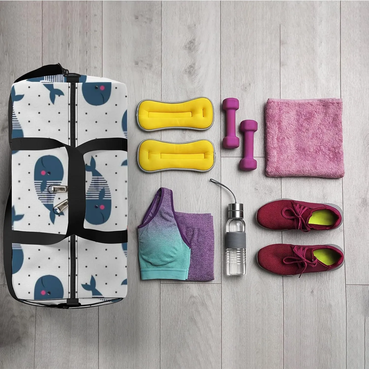 Sports Gym Bag for Women and Men Waterproof Cute Cartoon Whales Polka Dots Duffel Bag Lightweight Carryon Traveling Boarding Gripsack