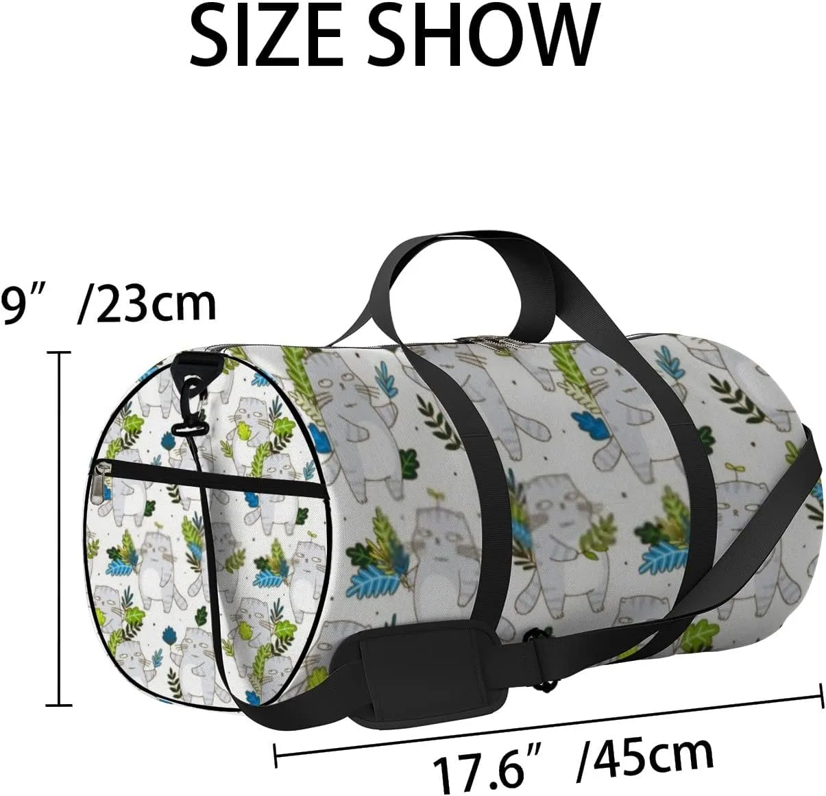 Sports Gym Bag for Women and Men Waterproof Cute Grey Cats Leaves Cartoon Style Duffel Bag Lightweight Carryon Traveling Boarding Gripsack