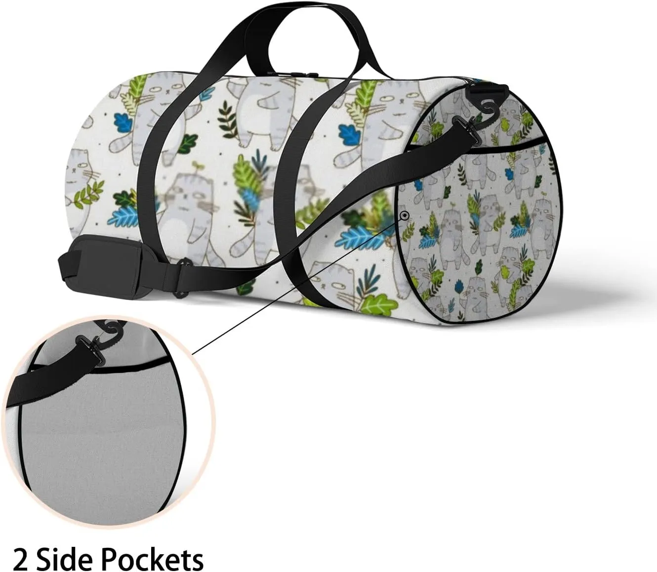 Sports Gym Bag for Women and Men Waterproof Cute Grey Cats Leaves Cartoon Style Duffel Bag Lightweight Carryon Traveling Boarding Gripsack
