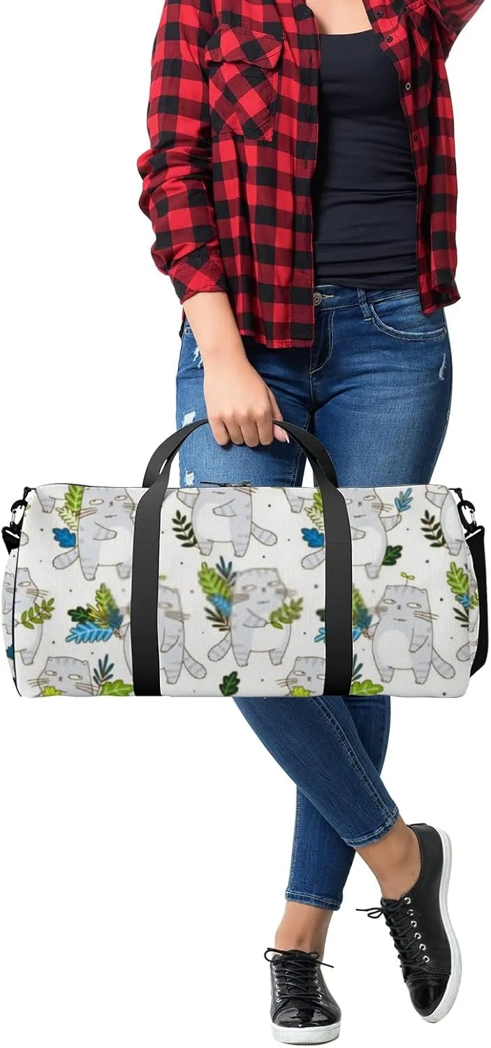 Sports Gym Bag for Women and Men Waterproof Cute Grey Cats Leaves Cartoon Style Duffel Bag Lightweight Carryon Traveling Boarding Gripsack