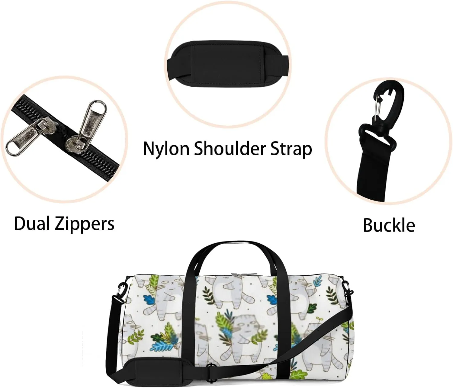 Sports Gym Bag for Women and Men Waterproof Cute Grey Cats Leaves Cartoon Style Duffel Bag Lightweight Carryon Traveling Boarding Gripsack