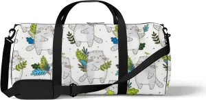 Sports Gym Bag for Women and Men Waterproof Cute Grey Cats Leaves Cartoon Style Duffel Bag Lightweight Carryon Traveling Boarding Gripsack