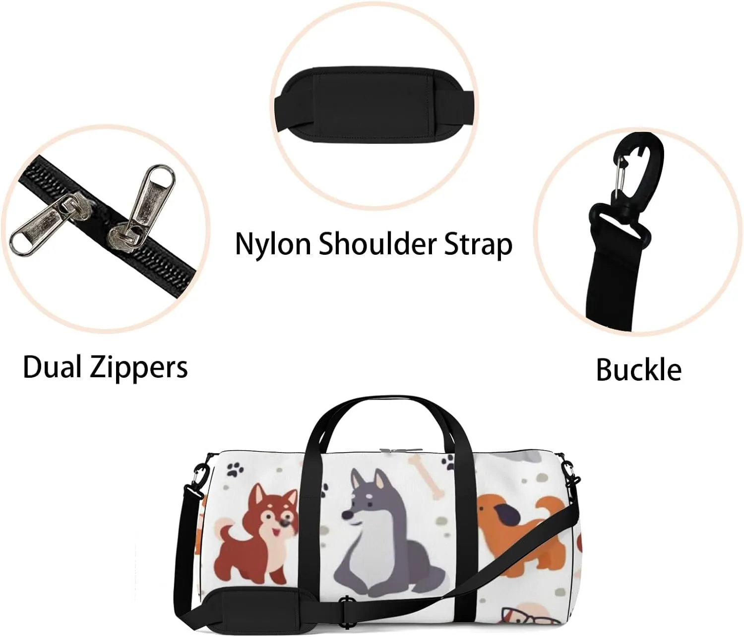 Sports Gym Bag for Women and Men Waterproof Cute Little Dog Paw Trace Bones White Duffel Bag Lightweight Carryon Traveling Boarding Gripsack