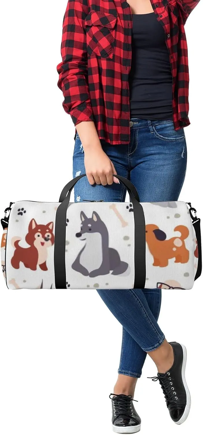 Sports Gym Bag for Women and Men Waterproof Cute Little Dog Paw Trace Bones White Duffel Bag Lightweight Carryon Traveling Boarding Gripsack