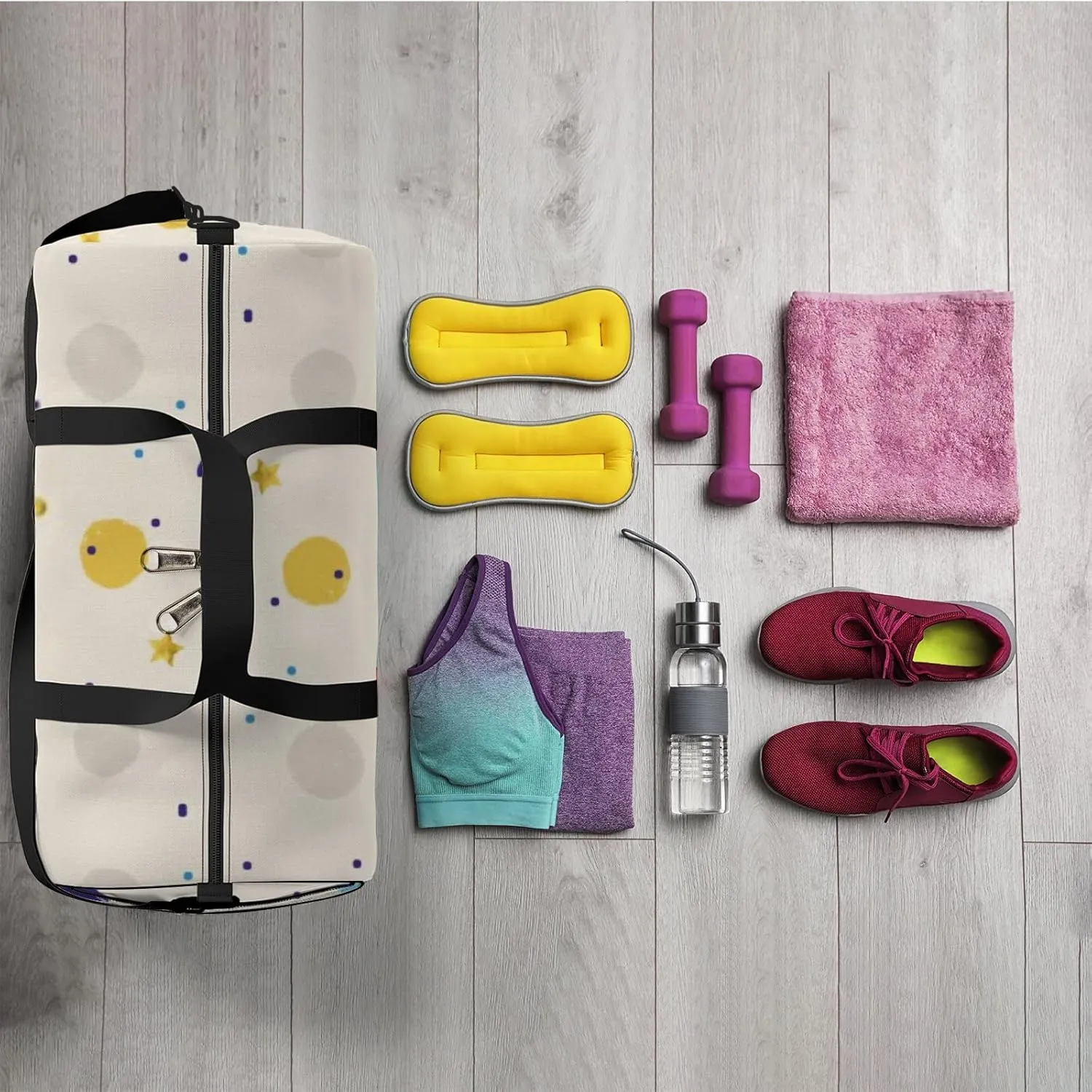 Sports Gym Bag for Women and Men Waterproof Cute Rabbits Stars Duffel Bag Lightweight Carryon Traveling Boarding Gripsack
