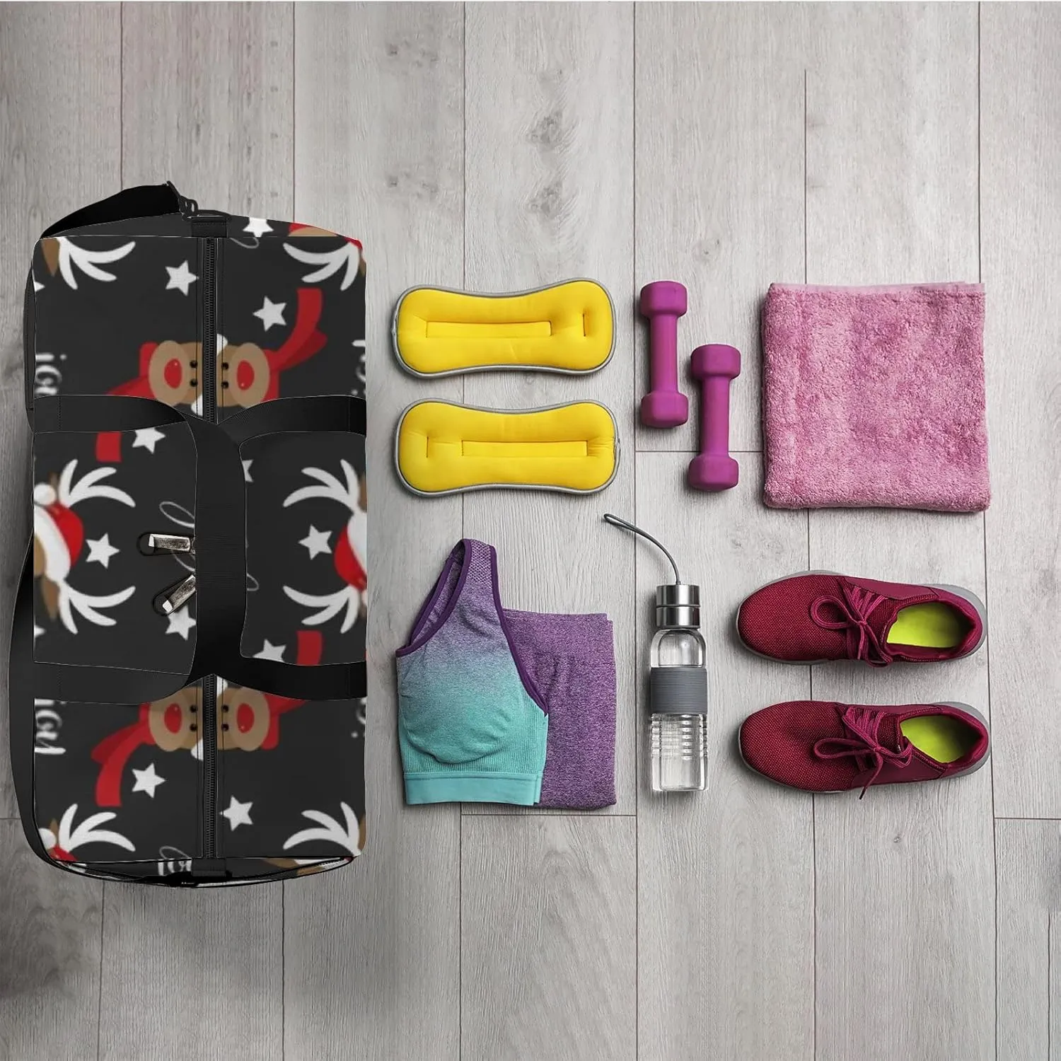 Sports Gym Bag for Women and Men Waterproof Cute Red Nosed Reindeer Star Black Duffel Bag Lightweight Carryon Traveling Boarding Gripsack