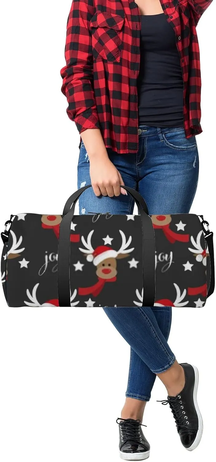 Sports Gym Bag for Women and Men Waterproof Cute Red Nosed Reindeer Star Black Duffel Bag Lightweight Carryon Traveling Boarding Gripsack