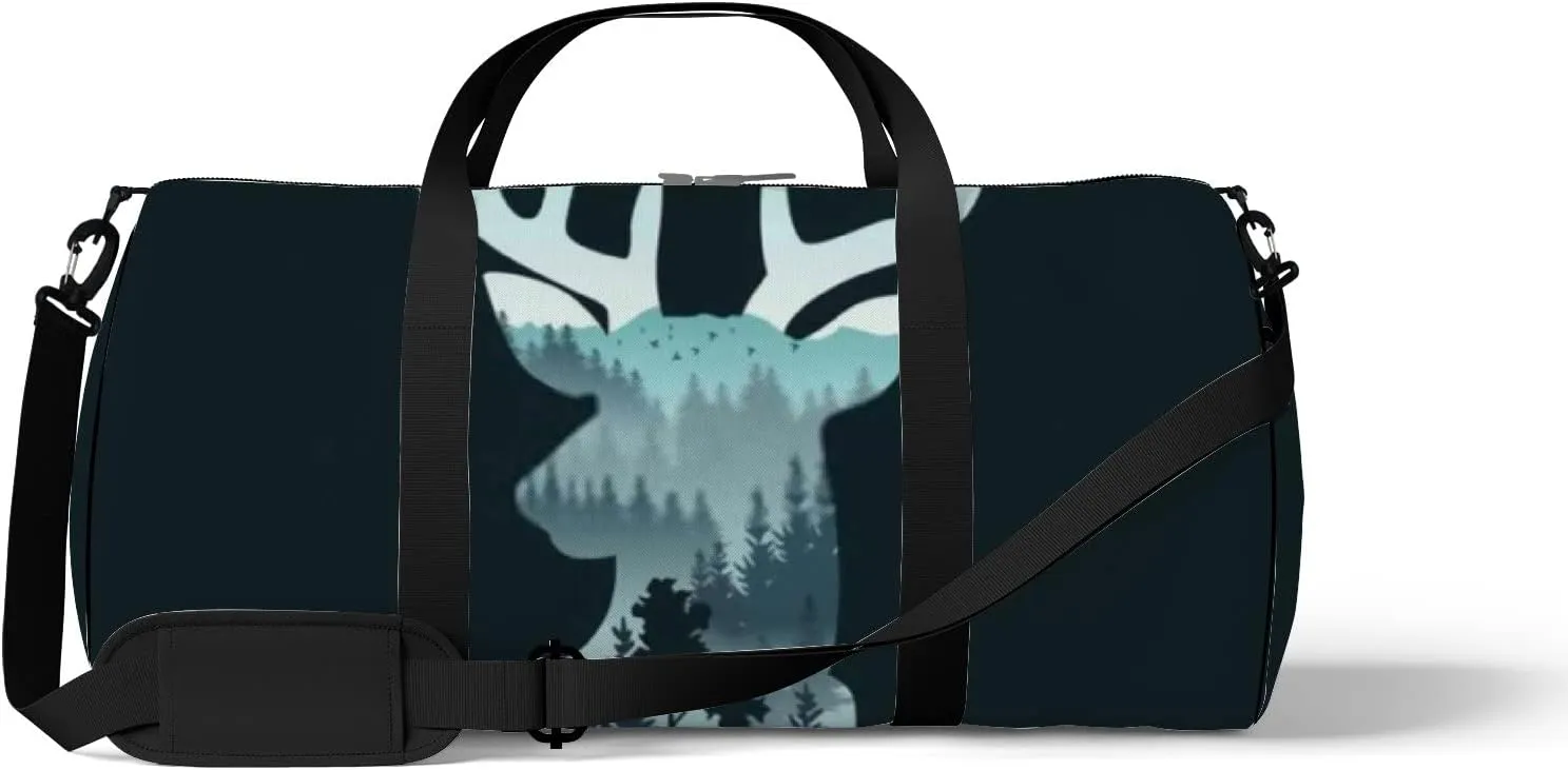 Sports Gym Bag for Women and Men Waterproof Deer Head Landscape Trees Mountains Duffel Bag Lightweight Carryon Traveling Boarding Gripsack