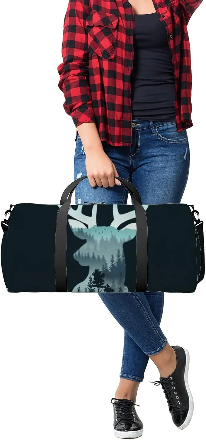 Sports Gym Bag for Women and Men Waterproof Deer Head Landscape Trees Mountains Duffel Bag Lightweight Carryon Traveling Boarding Gripsack