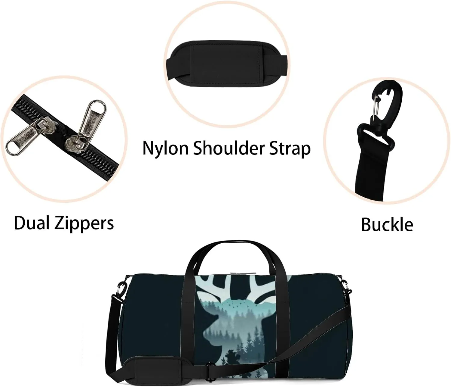 Sports Gym Bag for Women and Men Waterproof Deer Head Landscape Trees Mountains Duffel Bag Lightweight Carryon Traveling Boarding Gripsack