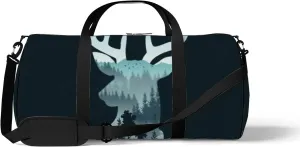Sports Gym Bag for Women and Men Waterproof Deer Head Landscape Trees Mountains Duffel Bag Lightweight Carryon Traveling Boarding Gripsack