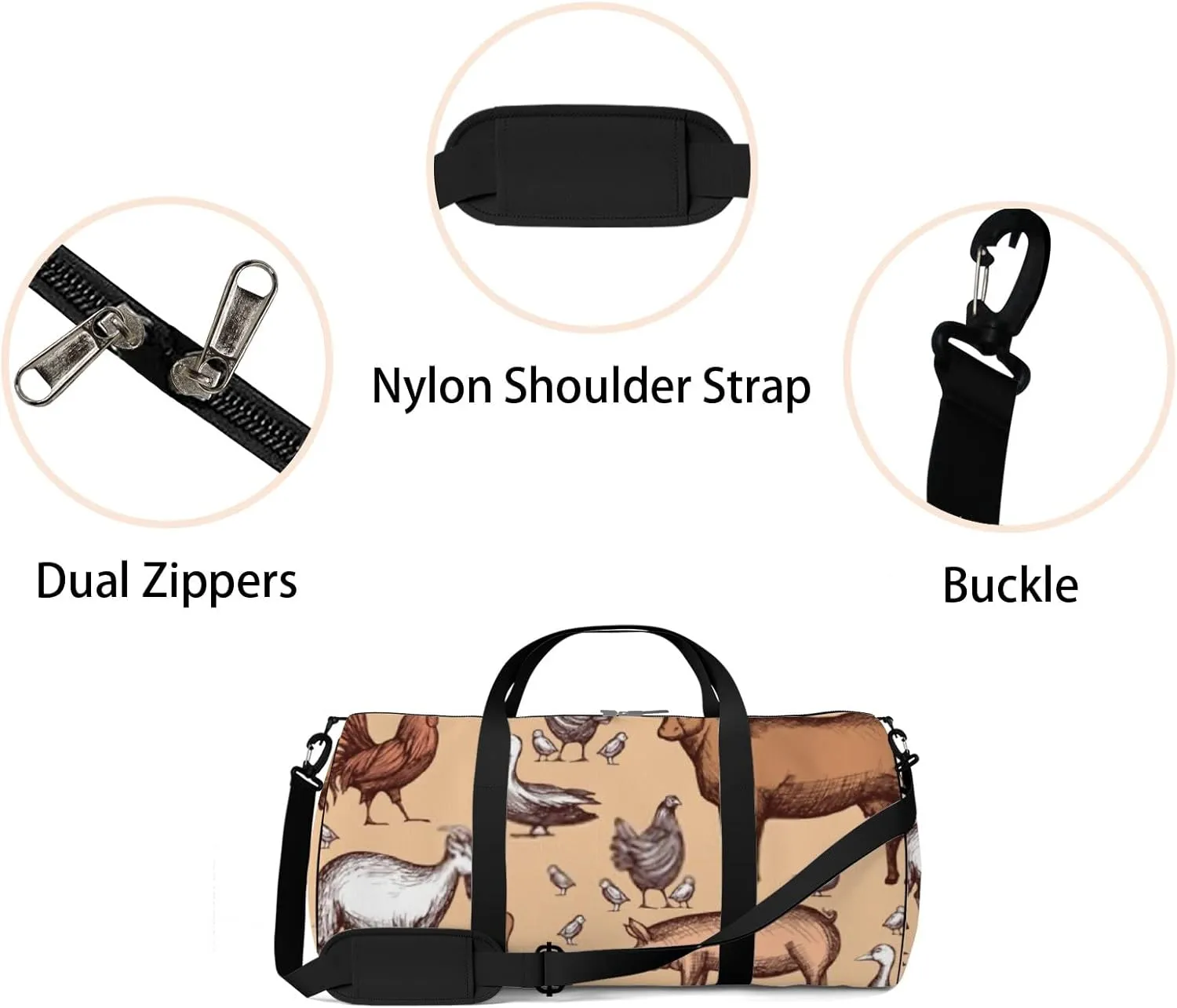 Sports Gym Bag for Women and Men Waterproof Farm Animals Pattern Duffel Bag Lightweight Carryon Traveling Boarding Gripsack