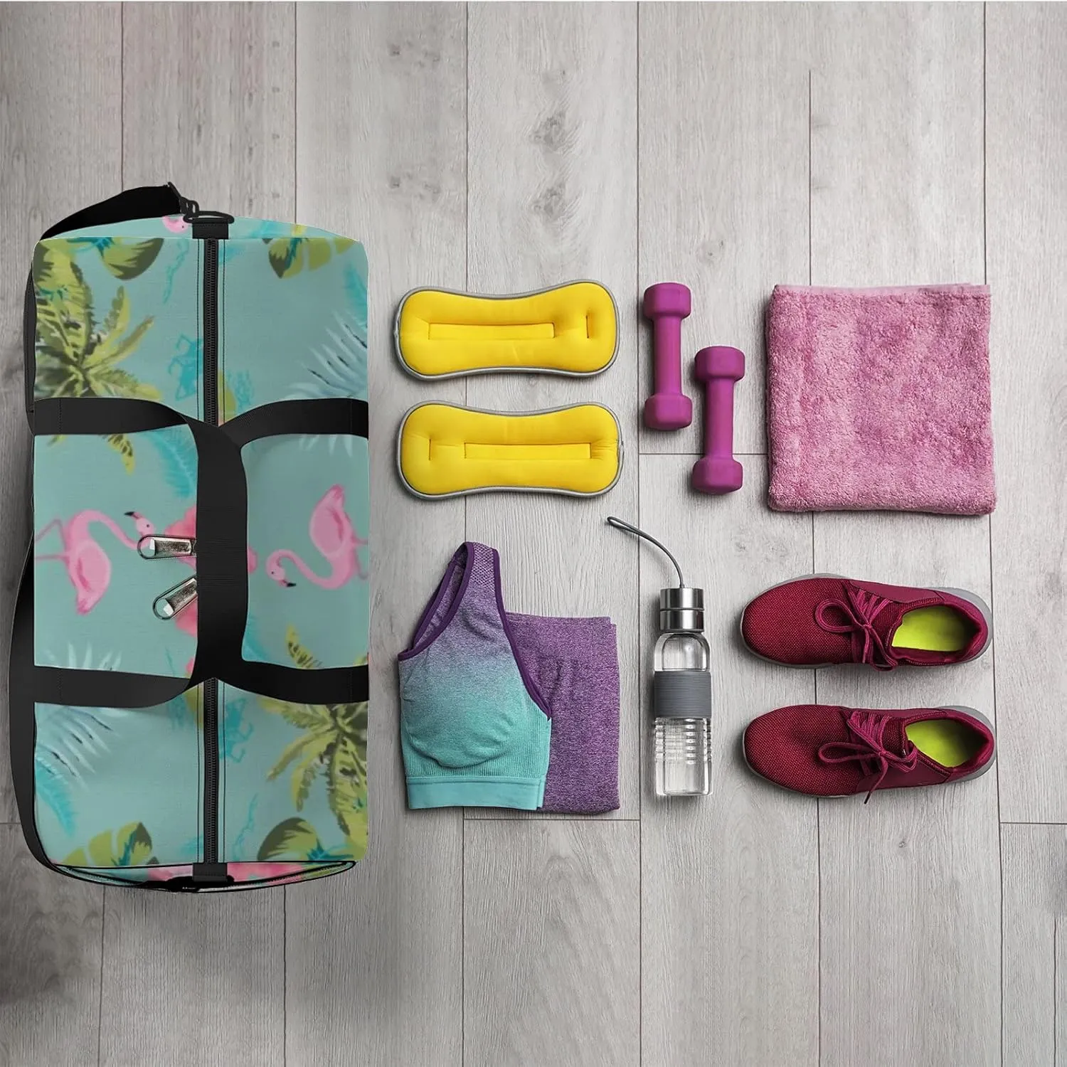 Sports Gym Bag for Women and Men Waterproof Flamingo Tropical Pattern Hawaii Summer Green Duffel Bag Lightweight Carryon Traveling Boarding Gripsack