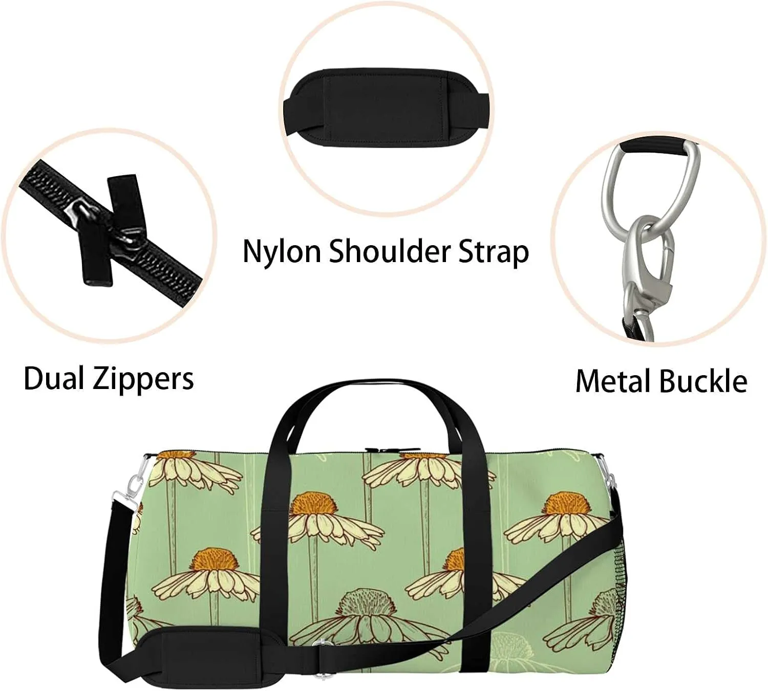 Sports Gym Bag for Women and Men Waterproof Floral Pattern Chamomile Duffel Bag Lightweight Carryon Traveling Boarding Gripsack