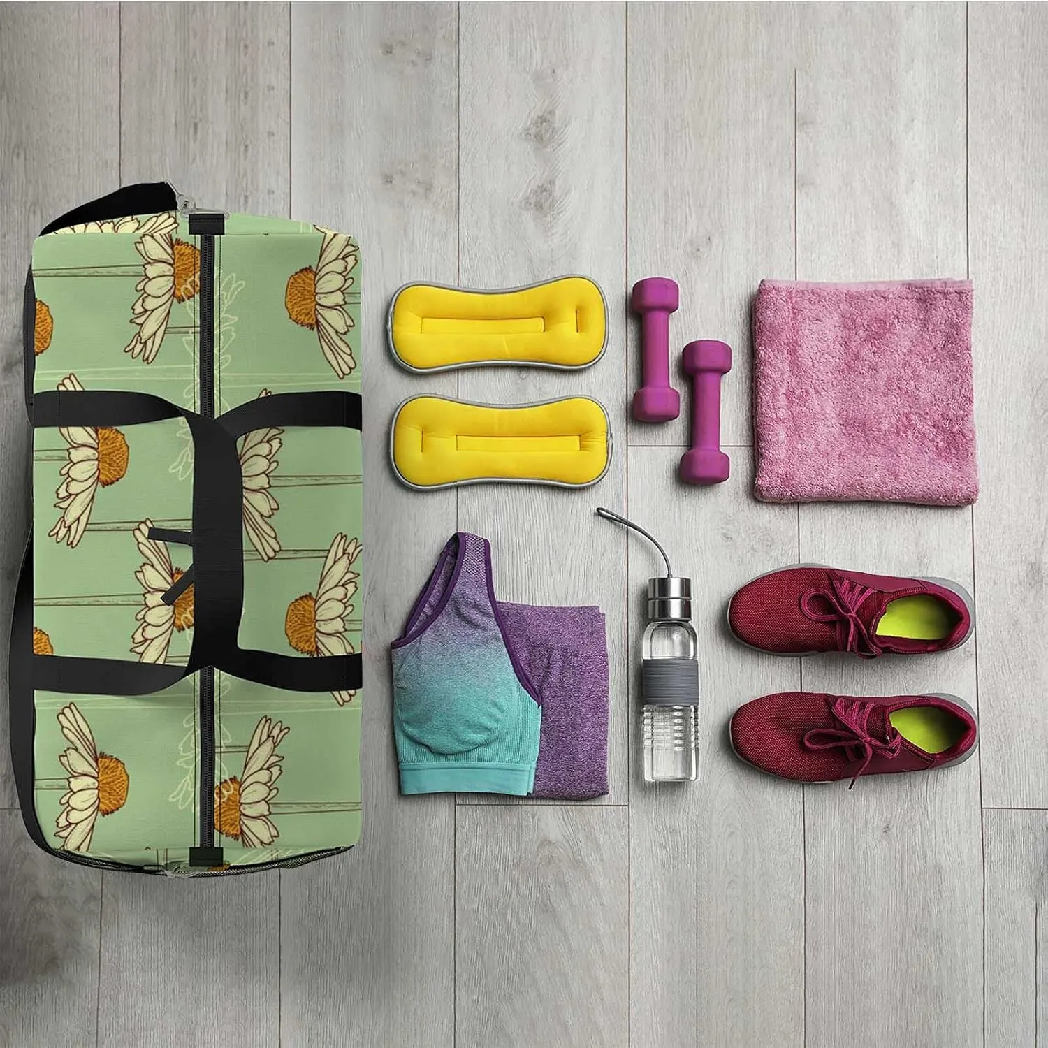 Sports Gym Bag for Women and Men Waterproof Floral Pattern Chamomile Duffel Bag Lightweight Carryon Traveling Boarding Gripsack