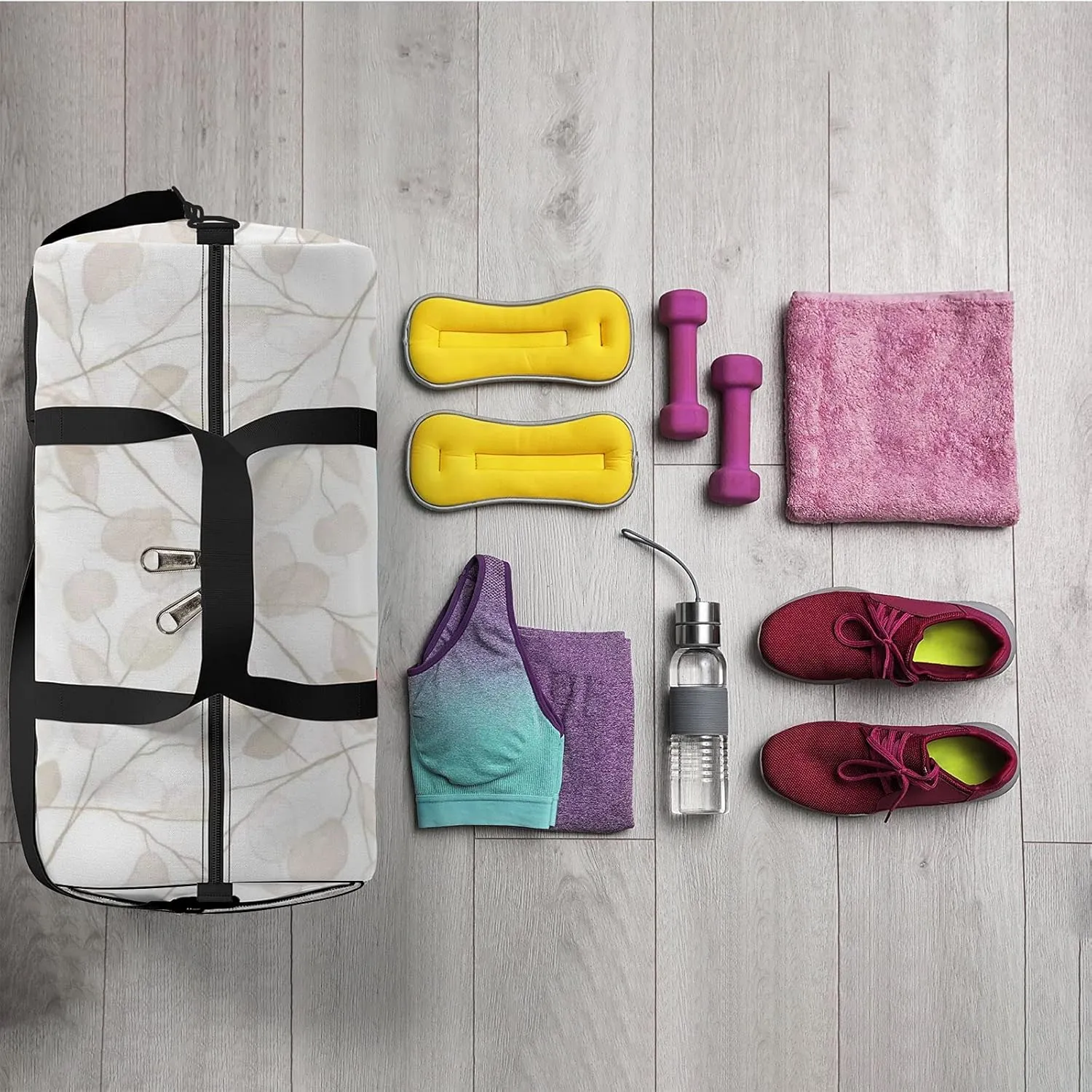 Sports Gym Bag for Women and Men Waterproof Floral Watercolor Winter Boho Style Duffel Bag Lightweight Carryon Traveling Boarding Gripsack