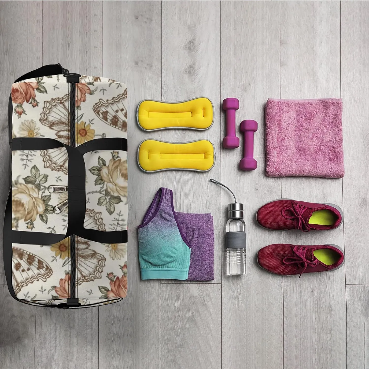 Sports Gym Bag for Women and Men Waterproof Flowers Butterflies Vintage Drawing Duffel Bag Lightweight Carryon Traveling Boarding Gripsack