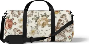 Sports Gym Bag for Women and Men Waterproof Flowers Butterflies Vintage Drawing Duffel Bag Lightweight Carryon Traveling Boarding Gripsack