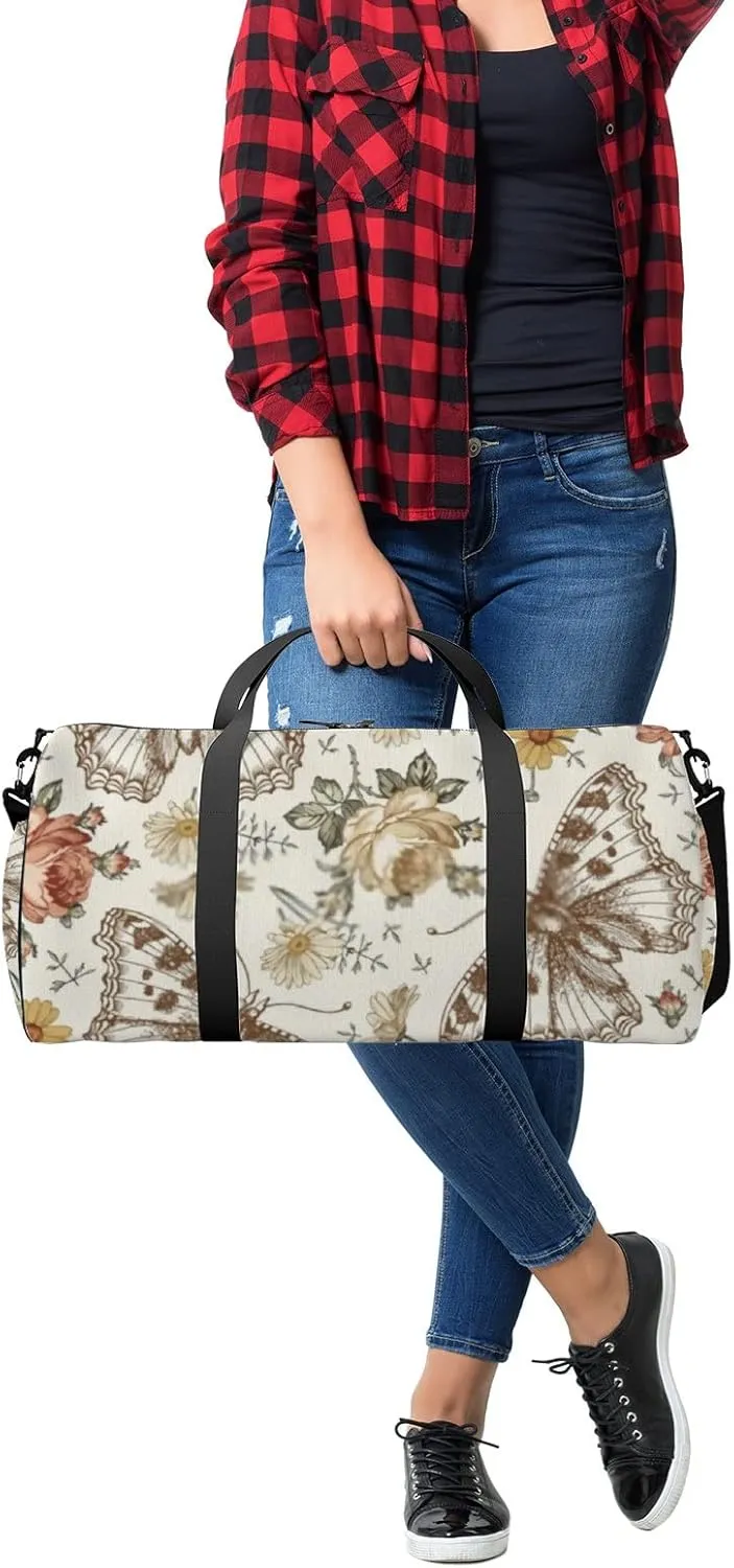 Sports Gym Bag for Women and Men Waterproof Flowers Butterflies Vintage Drawing Duffel Bag Lightweight Carryon Traveling Boarding Gripsack