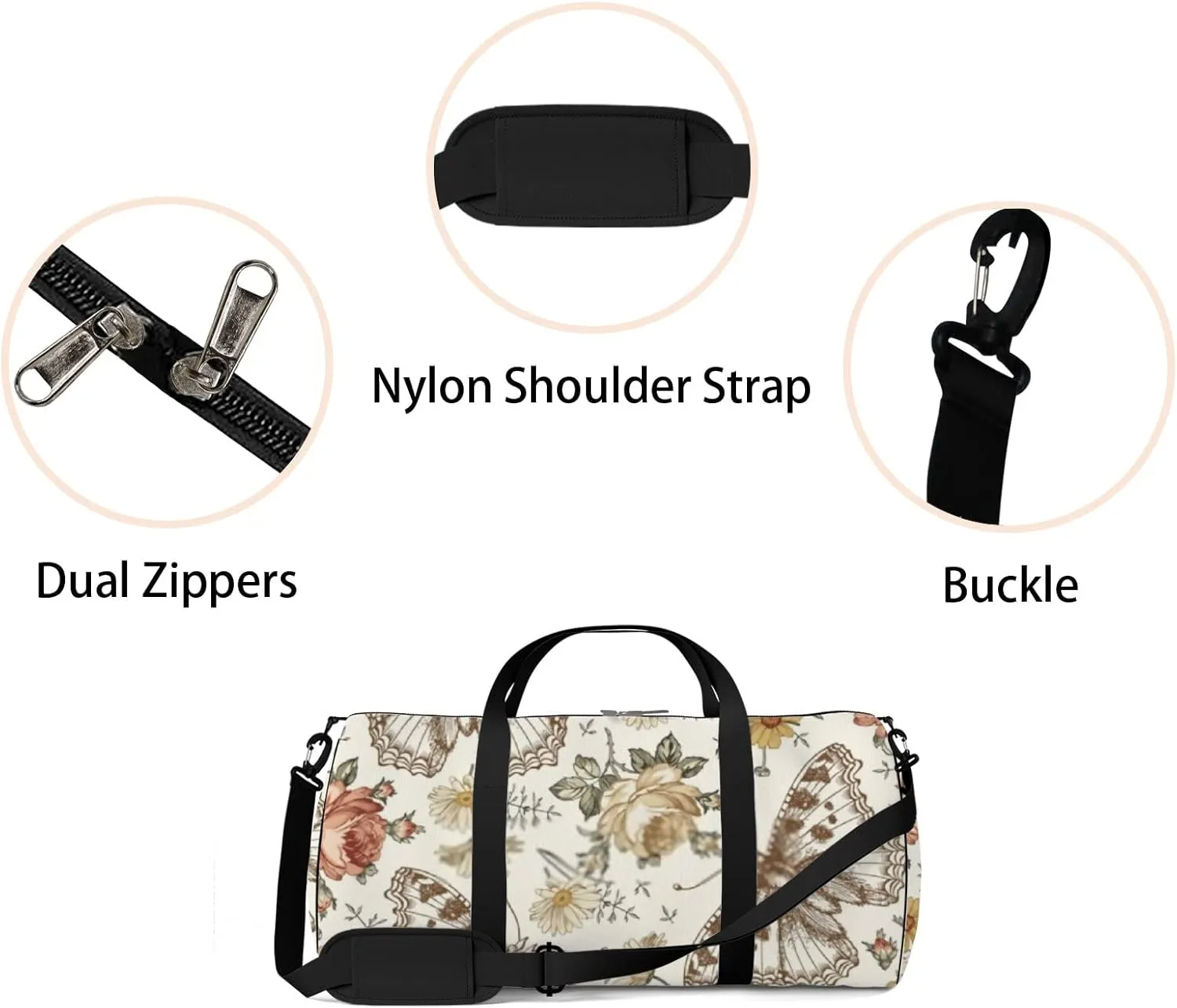 Sports Gym Bag for Women and Men Waterproof Flowers Butterflies Vintage Drawing Duffel Bag Lightweight Carryon Traveling Boarding Gripsack