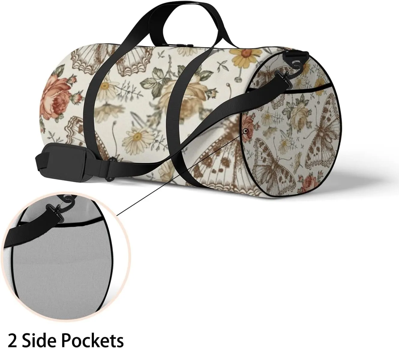 Sports Gym Bag for Women and Men Waterproof Flowers Butterflies Vintage Drawing Duffel Bag Lightweight Carryon Traveling Boarding Gripsack