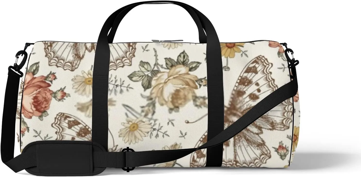 Sports Gym Bag for Women and Men Waterproof Flowers Butterflies Vintage Drawing Duffel Bag Lightweight Carryon Traveling Boarding Gripsack
