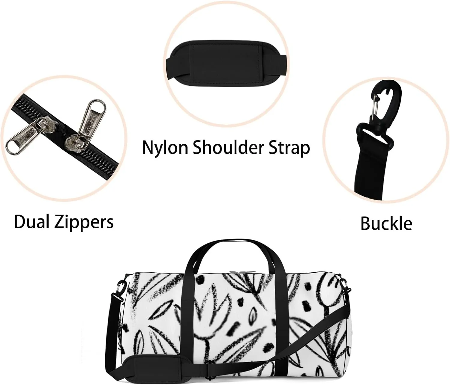 Sports Gym Bag for Women and Men Waterproof Flowers Pattern Sketch Style Black Duffel Bag Lightweight Carryon Traveling Boarding Gripsack