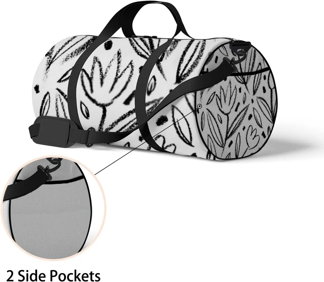 Sports Gym Bag for Women and Men Waterproof Flowers Pattern Sketch Style Black Duffel Bag Lightweight Carryon Traveling Boarding Gripsack