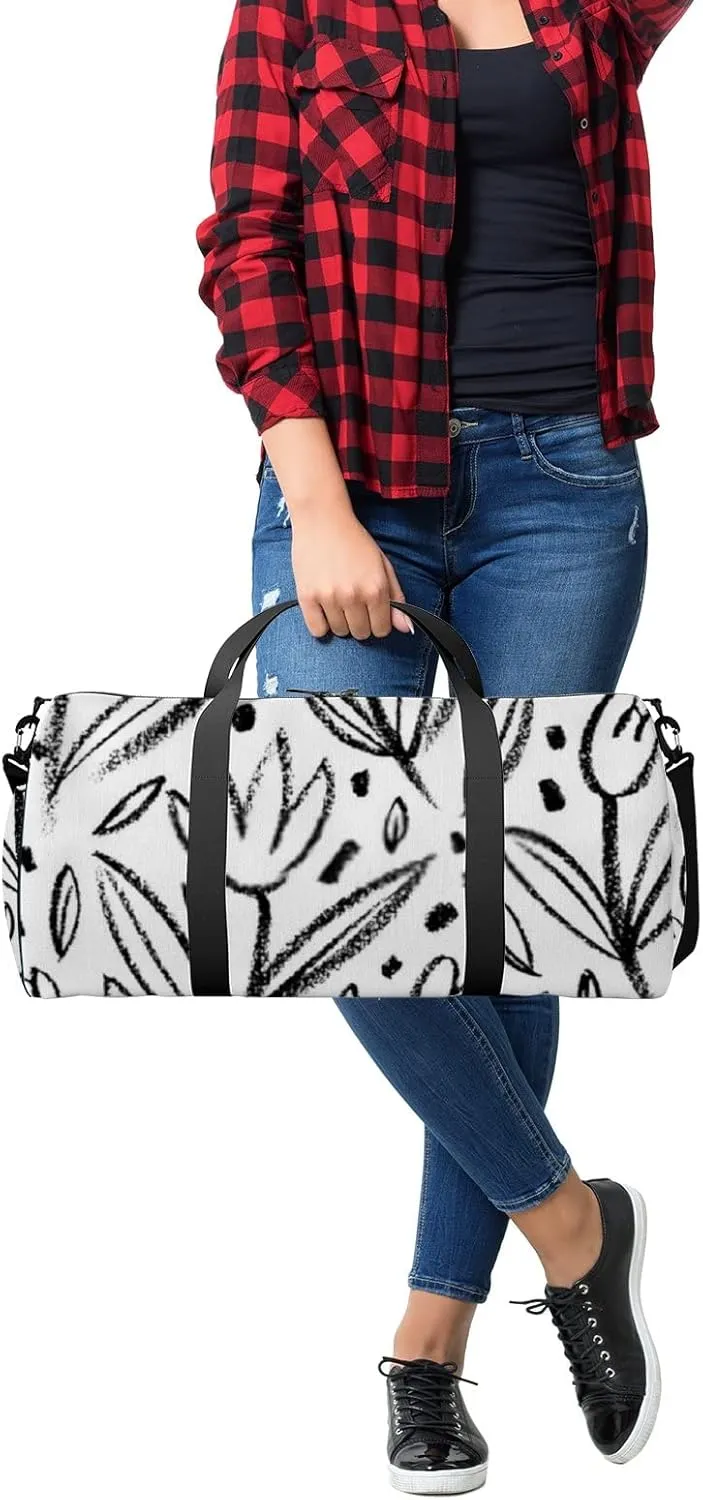 Sports Gym Bag for Women and Men Waterproof Flowers Pattern Sketch Style Black Duffel Bag Lightweight Carryon Traveling Boarding Gripsack