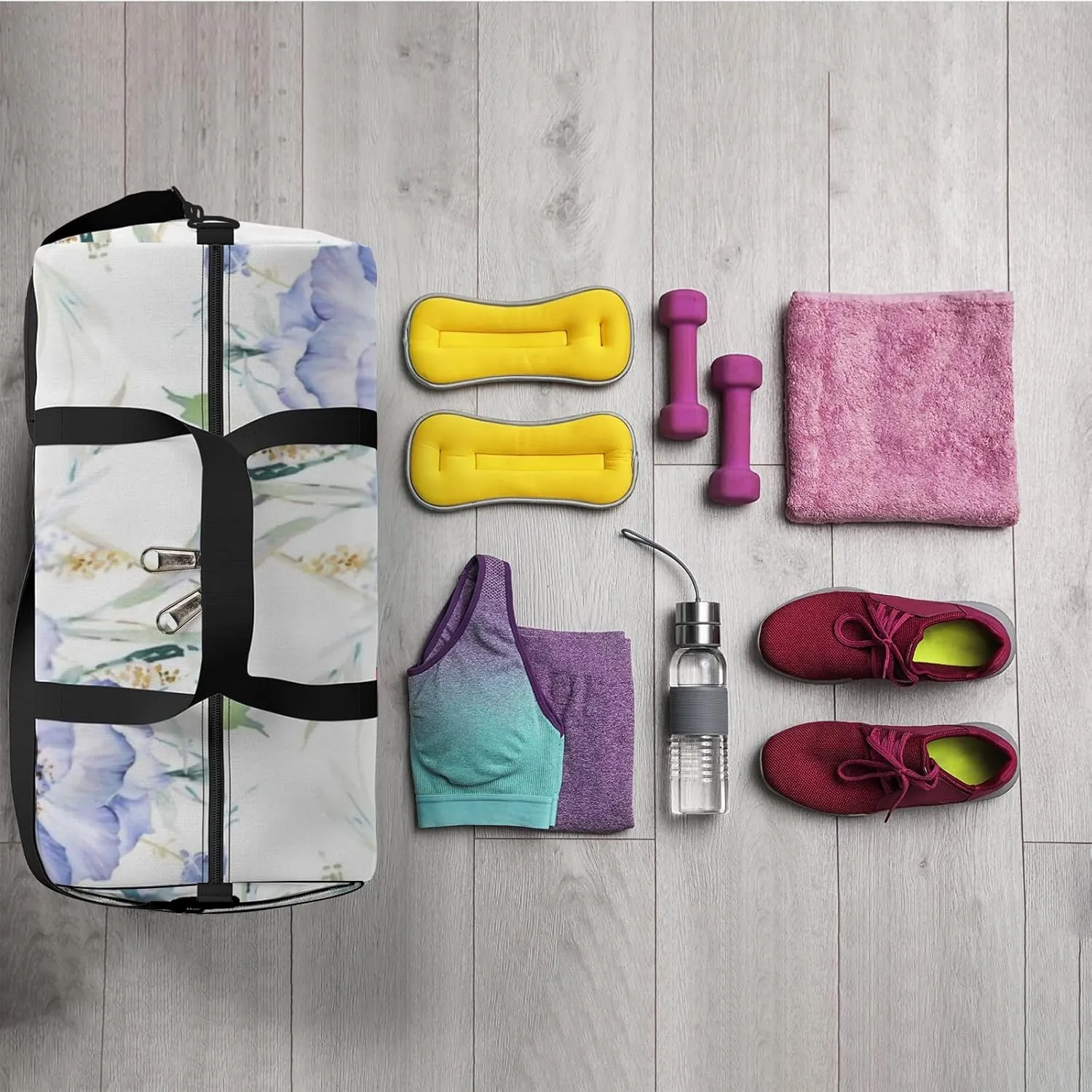 Sports Gym Bag for Women and Men Waterproof Flowers Watercolor Pattern Duffel Bag Lightweight Carryon Traveling Boarding Gripsack