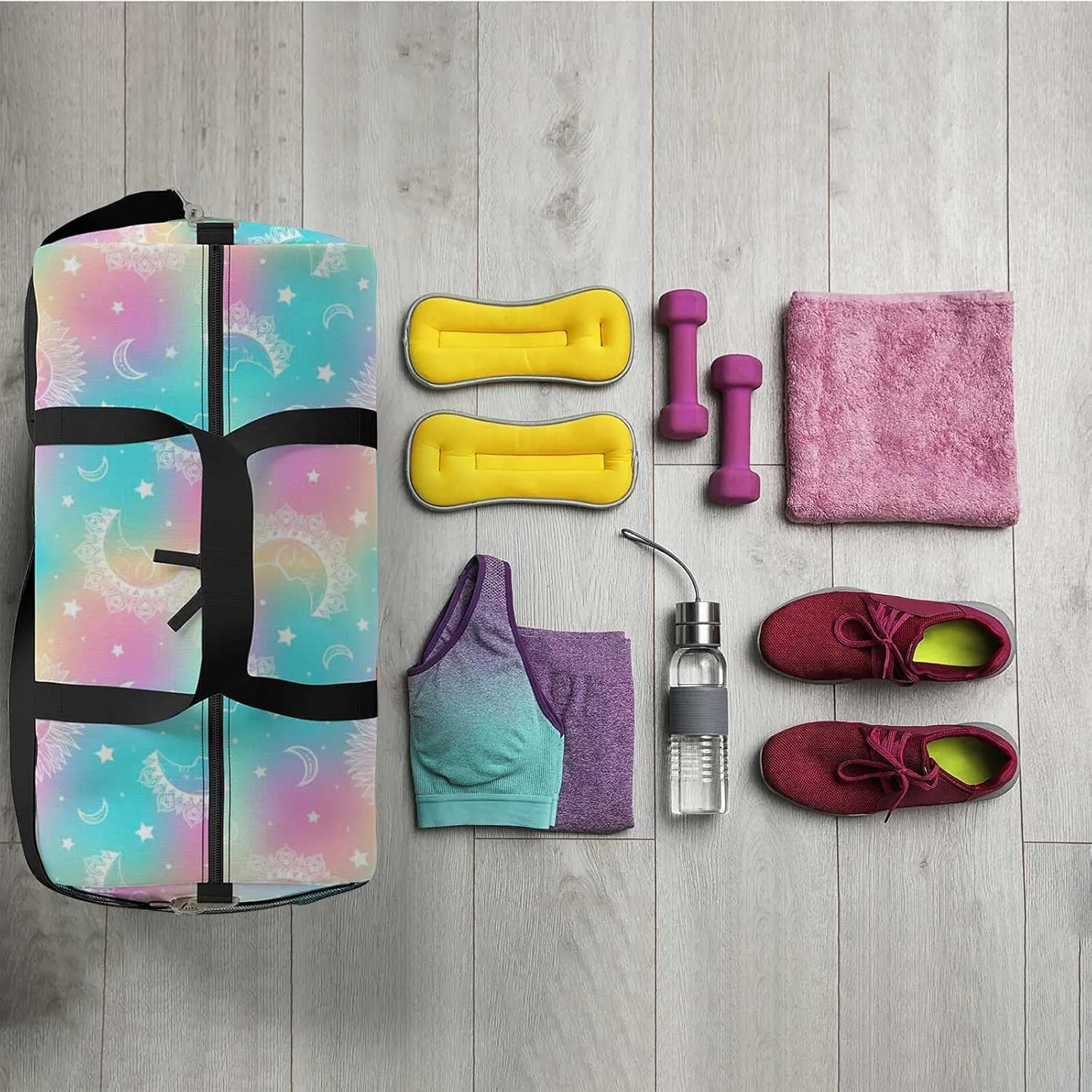 Sports Gym Bag for Women and Men Waterproof Galaxy Pattern Holographic Duffel Bag Lightweight Carryon Traveling Boarding Gripsack